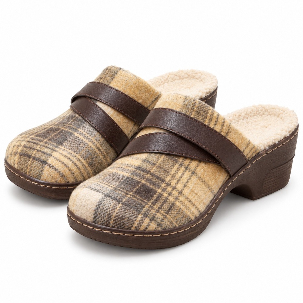 B.O.C. Born Concept Plaid Faux Fur Lined Clogs Mules Brown Yellow BC0015464 7M